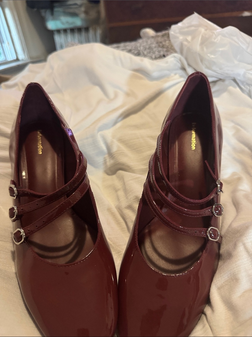 Reformation Triple-Strap Patent Mary Janes in Burgundy